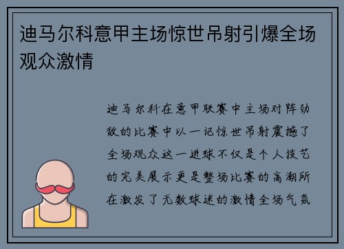迪马尔科意甲主场惊世吊射引爆全场观众激情